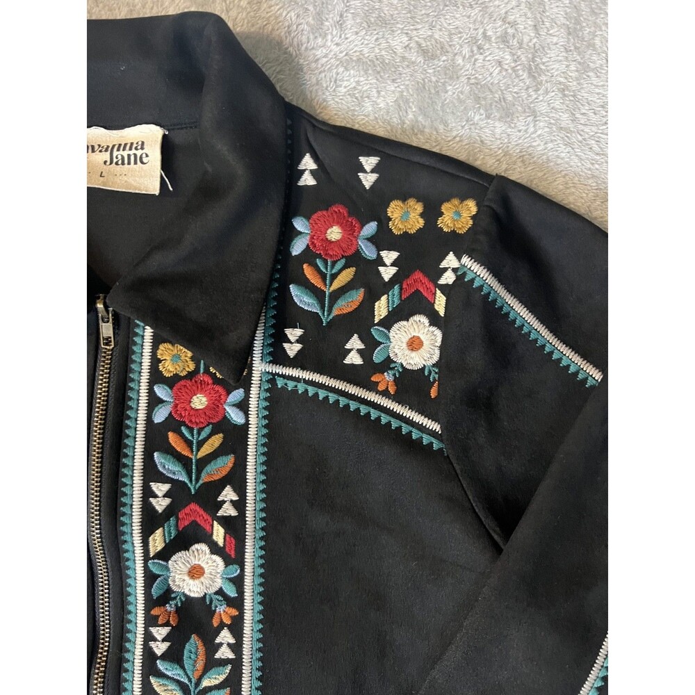 Savannah Jane Black Sued Fring Zip Up Jacket Floral Embroidery Boho Womens Large - Picture 3 of 8
